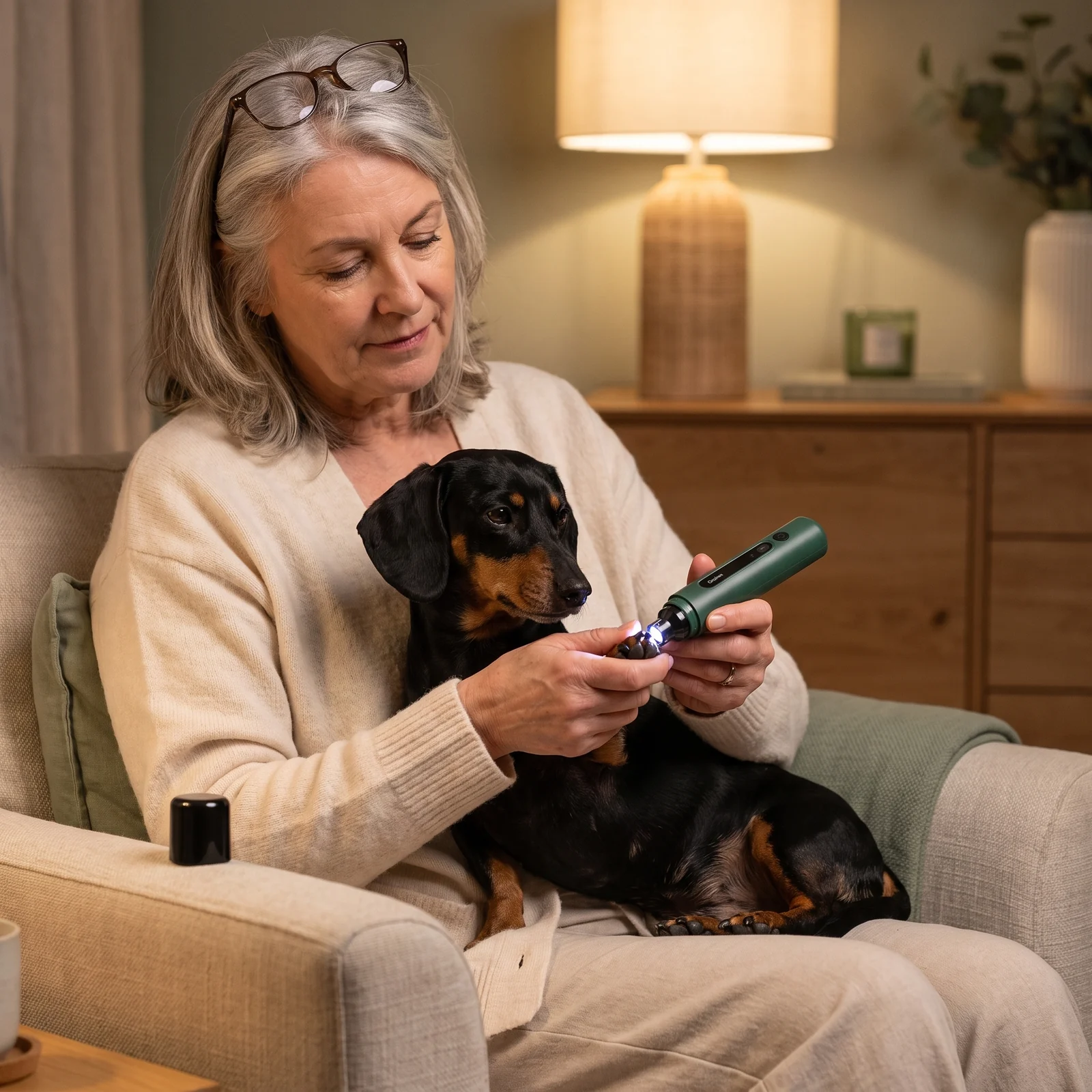 Woman in her late fifties with a small dark-nailed dog on her lap, using the grinder's light to trim one nail